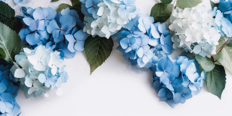 Blue Hydrangea or hortensia mockup. Flower blossom composition with petals. Top view, flat lay. Greeting card, template, cover.  Botanical design. Generative ai