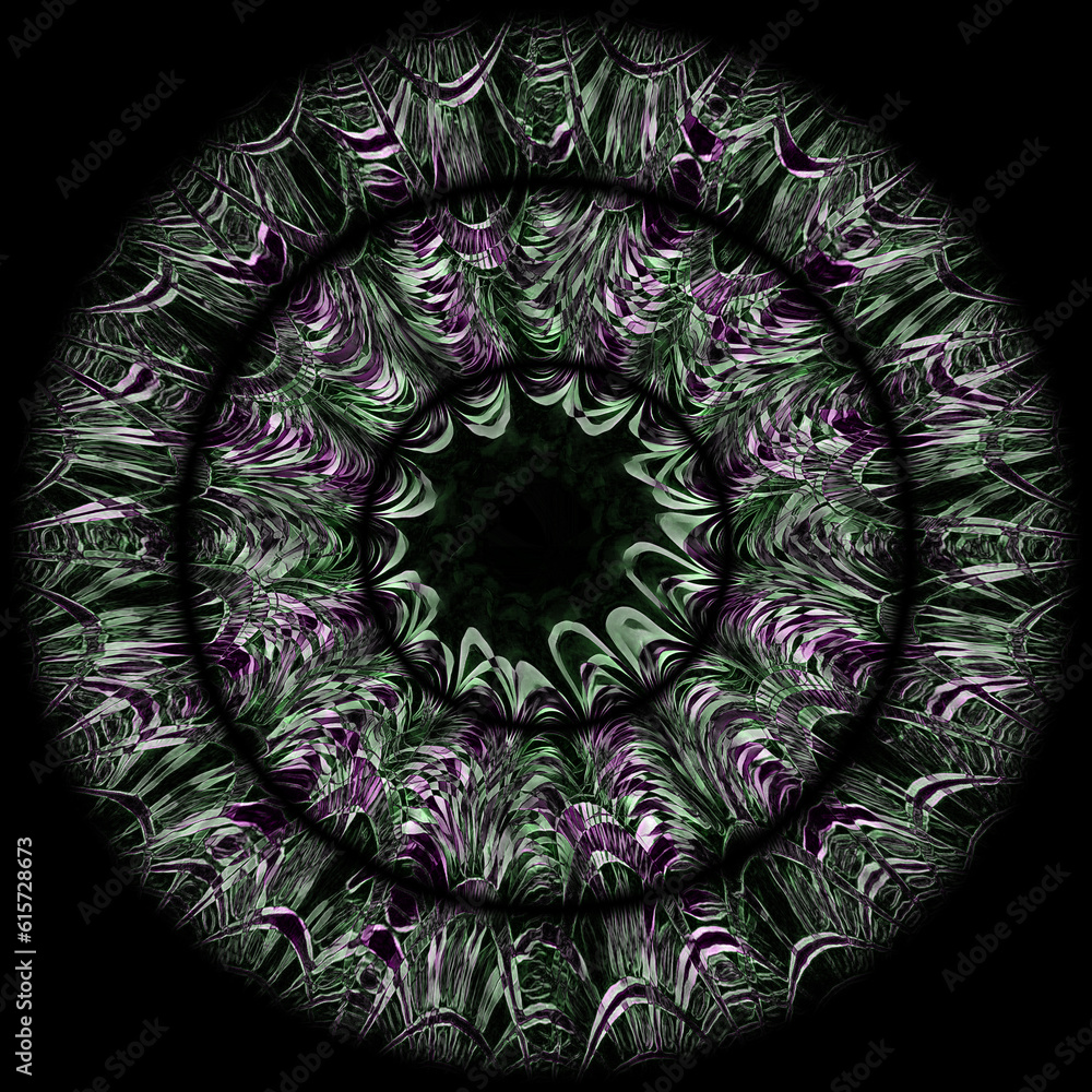 Poster colourful snake skin style ripple zigzag concentric patterned circles on a black background