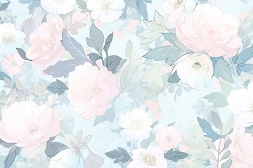 Abstract floral pattern. Blooming flowers on light background. Pale colors. Generative AI