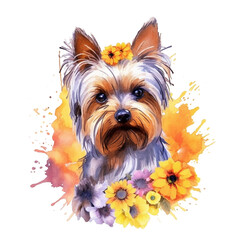 Dog with sunflowers, watercolor illustration. Generative ai