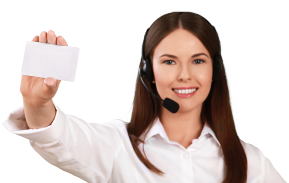 Woman Call Center Employee Talking on Headset and Presenting Placeholder - Isolated