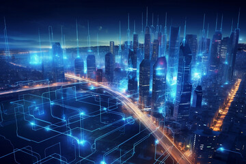 Smart tech and the interconnectedness of a smart city represented by converging electric blue lines technology. Generative AI
