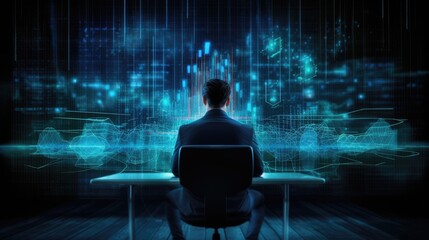the businessman is sitting at the virtual graph table and making financial analysis Created With Generative AI Technology