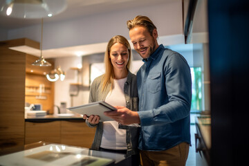 Fototapeta premium happy couple checking the clipboard at a home improvement with Generative AI