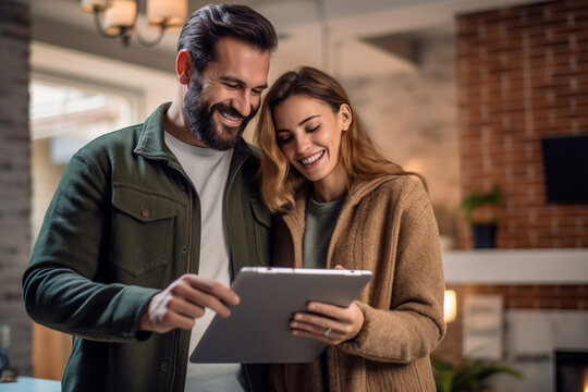 happy couple checking the clipboard at a home improvement with Generative AI