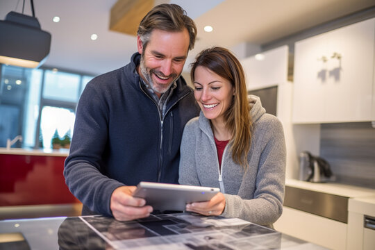 happy couple checking the clipboard at a home improvement with Generative AI