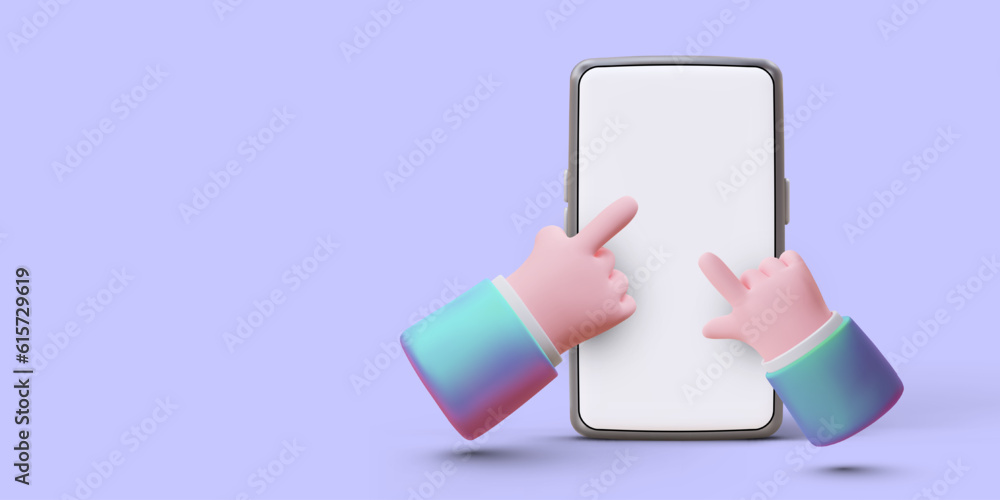 Poster 3d hands pointing at smartphone screen. blank phone display. finger presses on touchscreen. horizont