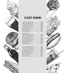 Fast Food Menu. Hand-drawn illustration of dishes and products. Ink. Vector 