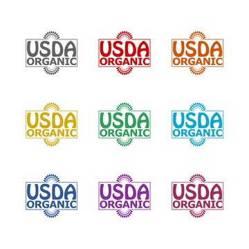 USDA organic certified icon isolated on white background. Set icons colorful