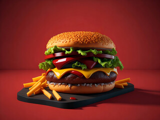 3D hamburger fast food with  ketchup on red black background, Fast food concept.
