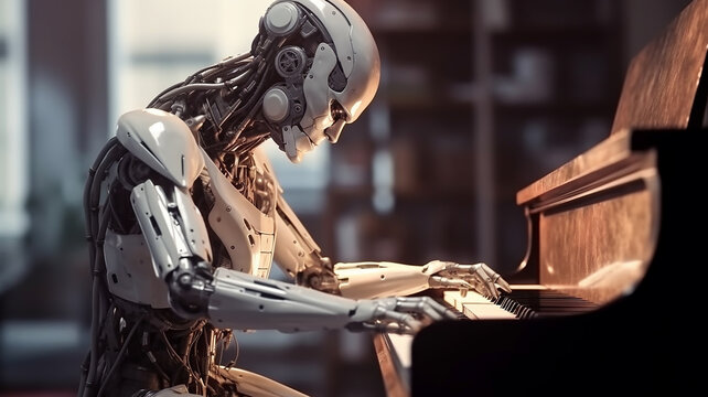 cyborg che suona il pianoforte, concetto di tecnologia che si inserisce in tutti i campi, robot al pianoforte, 
