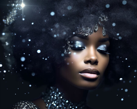 bellissimo primo piano di donna afroamericana tra glitter e luci argentate, bokeh, utile per immagini beauty, spazio per testo, 