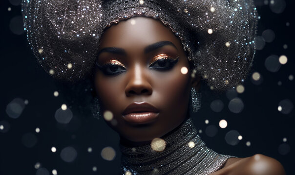bellissimo primo piano di donna afroamericana tra glitter e luci argentate, bokeh, utile per immagini beauty, spazio per testo, 