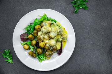 Brussels sprouts with mustard sauce vegetable food healthy meal food snack on the table copy space food background rustic top view keto or paleo diet veggie vegan or vegetarian food