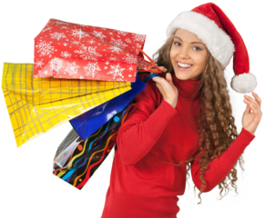 Young Woman In Santa Hat Holding Presents - Isolated