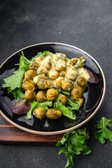 Brussels sprouts with mustard sauce vegetable food healthy meal food snack on the table copy space food background rustic top view keto or paleo diet veggie vegan or vegetarian food
