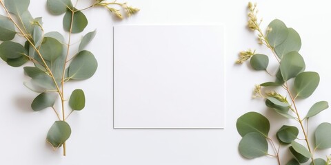 Minimalist Greeting Card Mockup with Delicate Dry Eucalyptus Leaves - Top View on a Clean White Background,  Generative AI