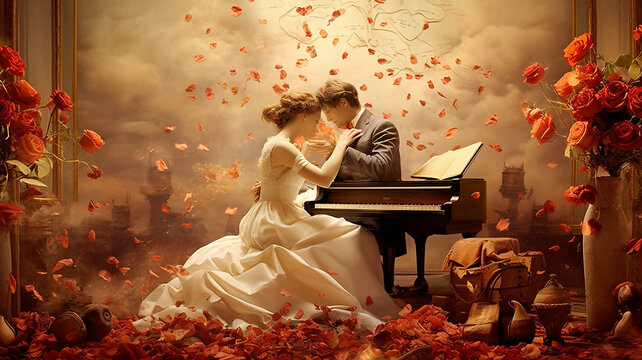 sensazioni romantiche, musica che crea emozioni romantiche, due innamorati che suonano musica romantica tra luci magiche e fiori rossi