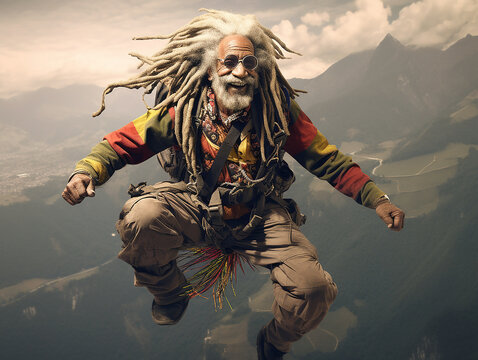 un anzianissimo rasta che fa paracadutismo tra le nuvole e le montagne