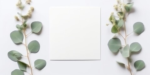 Minimalist Greeting Card Mockup with Delicate Dry Eucalyptus Leaves - Top View on a Clean White Background,  Generative AI