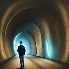 alone boy in a tunnel , alone boy , sad boy 
person in a tunnel