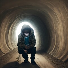 sad boy, cried boy, alone boy,child in the tunnel