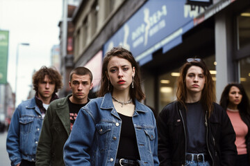 Fototapeta premium A group of cool young people walk down a city street. Generative AI.