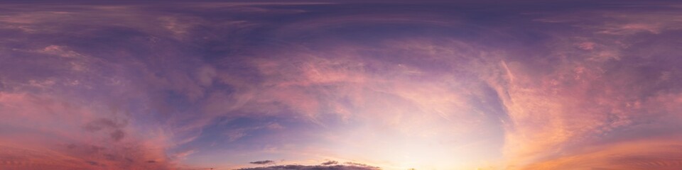 Bright sunset sky panorama with glowing red pink Cirrus clouds. HDR 360 seamless spherical...