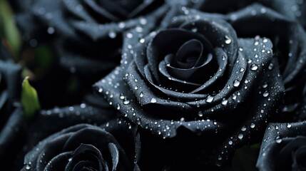 Black Roses flowers with water drops background. Closeup of blossom with glistening droplets. Generative AI