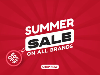 Fototapeta premium Summer Sale Poster Or Banner Design With 50% Discount Tag On Red Rays Background