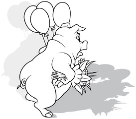 Drawing of a Piggy with a Bouquet and Balloons Standing on its Hind Legs