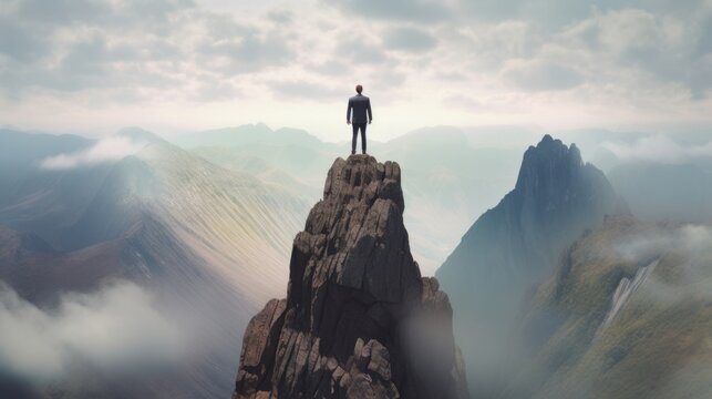 Conceptual poster with a businessman on a top of a mountain, ai tools generated image