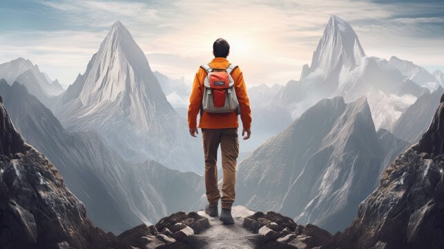Conceptual poster with a traveller on a top of a mountain, ai tools generated image