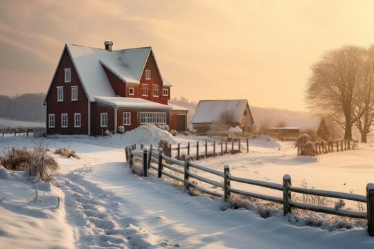 beautiful rurla landscape with small farm house in the winter fields, ai tools generated image