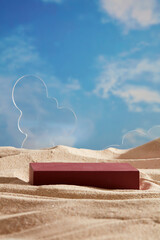 Transparent geometric shaped acrylic sheets displayed with rectangle red podium on the beach sand....