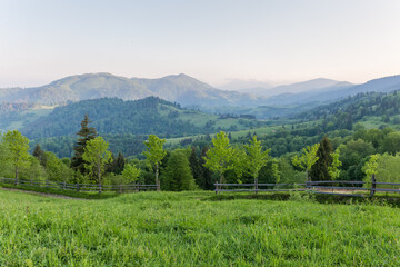 Fototapeta na wymiar Mountain ridges in spring sunny morning in the Carpathian Mountains