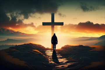 Man near cross. Christian and cross. AI Generated - obrazy, fototapety, plakaty