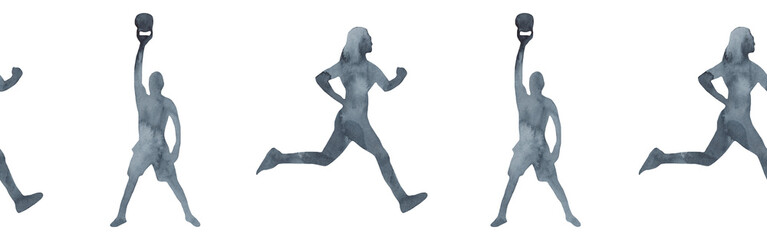 Sports at sunrise border.Running.Gymnastics.Morning gym.Watercolor silhouette sport isolated on white background.