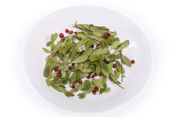 Dried leaves and fruits of cowberry on a white dish
