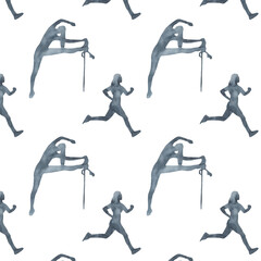 Sports at sunrise pattern.Running.Gymnastics.Morning gym.Watercolor silhouette sport isolated on white background.