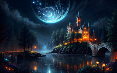 Naklejka premium Shining blue moonlight over scenic magical fantasy environment