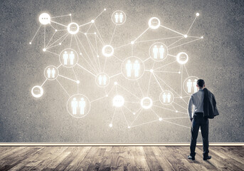 Connection lines drawn on concrete wall as symbol for networking