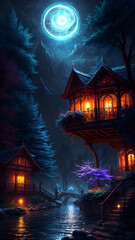 Fototapeta na wymiar Shining blue moonlight over scenic magical fantasy environment