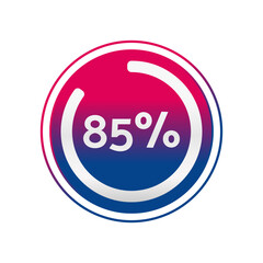 85 percent circle chart, isolated symbol. Vector red blue gradient element. Percentage Infographic sign. Illustration, icon for business, finance, progress, report, web design, download