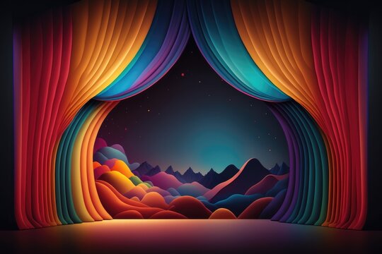 Colourful podium with lighting. Stand wall scene colourful podium background, geometric shape for product display presentation. Minimal scene for mockup products, stage showcase, promotion display.