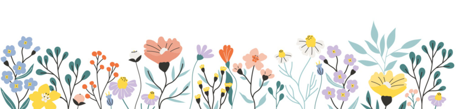 Summer flower banner. Hand-drawn garden and wildflowers. Flat botanical vector illustration on a white background. Beautiful spring flowers. Elegant horizontal pattern.