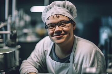 Boy with down syndrome working in a factory. AI generative - 615735609