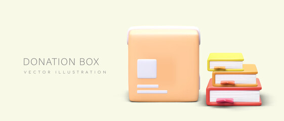 Donation box. Stack of realistic books, box. Sponsorship of educational programs. Things for affected, poor people. Concept of charity, helping other people