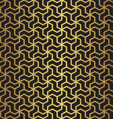 Gold hexagonal geometric pattern on black background. 