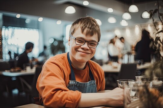 Boy with Down syndrome working on a cafeteria. AI generative